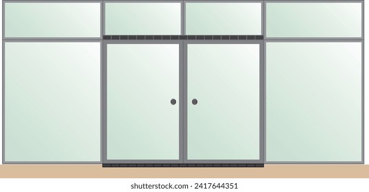 Automatic doors with black frames. Glass entrance door. Closed and open glass door.