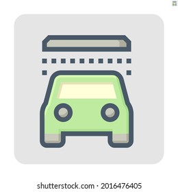 Automatic or drive thru car wash vector icon. Express car care service consist of water spray or pouring from machine in tunnel. To cleaning surrounding exterior auto by water pressure. 48x48 pixel.
