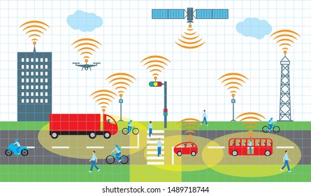 Automatic driving with left-hand traffic. City image icon.Vector material