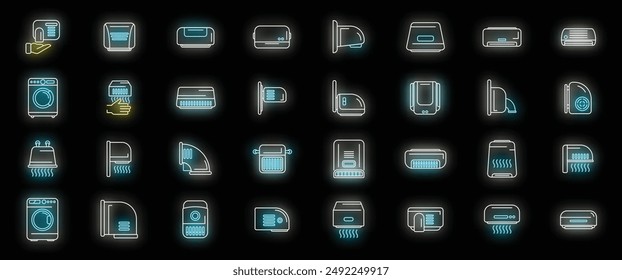 Automatic drying machine icons set outline vector. Air bathroom. Clean blower neon color on black