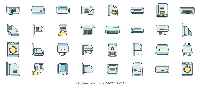 Die Symbole der automatischen Trocknungsmaschine stellen die Umriss-Vektorgrafik ein. Klimaanlage. Clean Blower Thin Line Farbe flach auf weiß