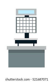 Automatic electronic check printing scales vector illustration. Flat design. Supermarket, grocery shop furniture and equipment. Self-service devices for weighing and shopping. Isolated on white.  