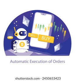 Automatic Execution of Orders concept. A vibrant depiction of a crypto trading bot efficiently managing buy and sell orders, set against a backdrop of real-time market candlestick charts.