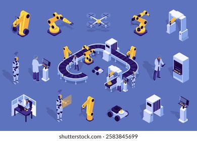 Automatic factory 3d isometric mega set in flat design. Collection isometry elements of robotic arms, robot assistance, conveyor belt, line assembling, production process, other. Vector illustration.