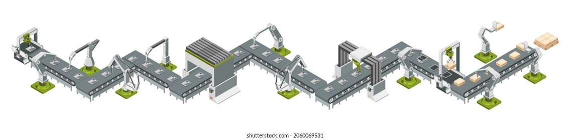 Automatic factory with conveyor line and robotic arms. Assembly process. Vector illustration

