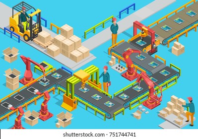 Automatic factory with conveyor line and robotic arms. Assembly process. Vector illustration