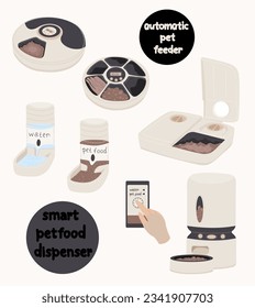 Alimentador automático para mascotas. Dispensador de comida inteligente para gatos y perros. Dispensador electrónico de alimentos para animales de compañía. Ilustración vectorial.