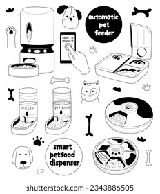 Alimentador automático para mascotas. Dispensador de comida inteligente para gatos y perros. Dispensador electrónico de alimentos para animales de compañía. Ilustración vectorial.