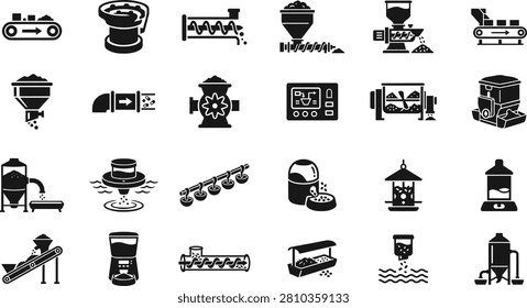 Automatic feeding system and industrial conveyor machinery icons set
