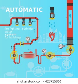  Automatic Fire Fighting, Sprinkler Water System For Buildings. Vector Illustration.