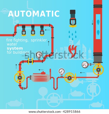  Automatic fire fighting, sprinkler water system for buildings. Vector illustration.