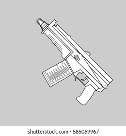 Automatic firearms, pistol, rifle, machine gun, in a linear style  for use as logos on cards, in printing, posters, invitations, web design and other purposes.