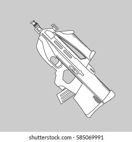 Automatic firearms, rifle, machine gun, in a linear style  for use as logos on cards, in printing, posters, invitations, web design and other purposes.