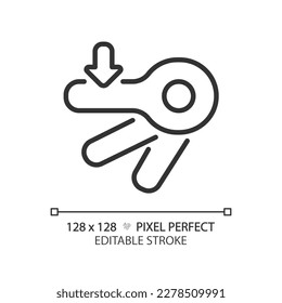 Automatic flush lever pixel perfect linear icon. Toilet bowl detail. Mechanism of restroom equipment. Lavatory tech. Thin line illustration. Contour symbol. Vector outline drawing. Editable stroke