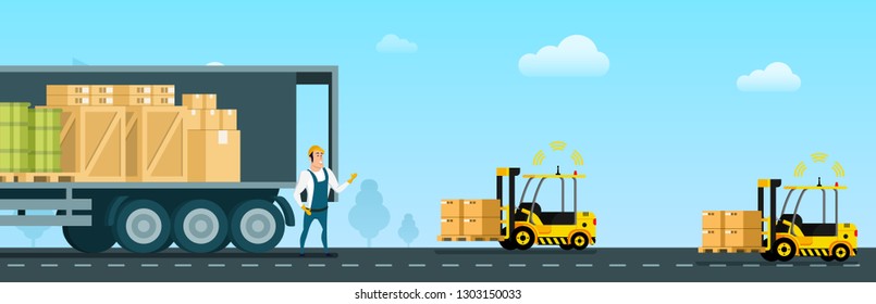 Automatic Forklift Car Carrying Freight to Truck. Open Delivery Van Full of Goods, Box, Tank. Warehouse Worker Character in Uniform Standing Infront. Flat Cartoon Vector Illustration