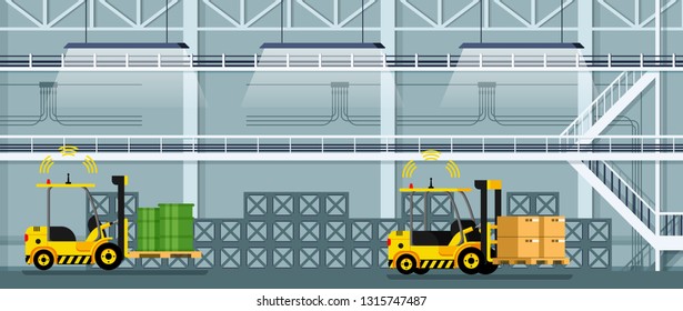 Automatic Forklift Car Driving Freight and Goods. Mechanical Loader Carrying Cardboard Box and Green Tank. Empty Manufacturing Warehouse. Smart Factory. Flat Cartoon Vector Illustration