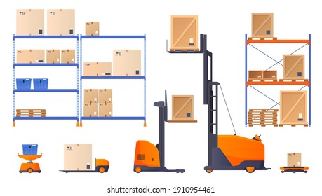 Automatic Forklift Car Driving Freight and Goods. Mechanical Loader Carrying Cardboard Box and Green Tank. Empty Manufacturing Warehouse. Smart Factory. Flat Cartoon Vector Illustration