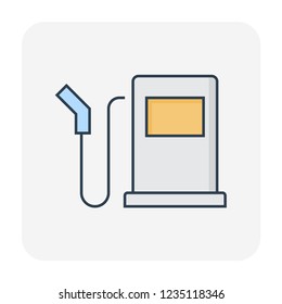 Automatic fueling nozzle, dispenser and hose pipe vector icon. Equipment tool for service, pump and refill natural gas in filling station into fuel tank of auto, car or truck i.e. lpg, cng and ngv.