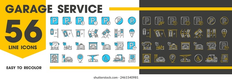 Servicio de garaje automático e iconos de aparcamiento. Línea de símbolos de las ranuras de estacionamiento de Vector con bicicletas, bicicletas, automóviles, autobuses y camiones vehículos. Señal del área de estacionamiento de transporte público, ascensor de garaje, boleto, puntero de mapa