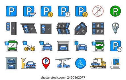 Servicio de garaje automático e iconos de la línea de estacionamiento. Icono de línea de servicio de garaje para automóvil, área de estacionamiento o transporte símbolo de Vector de contorno de zona de estacionamiento público con taxi, bicicleta y camión, señales de remolque