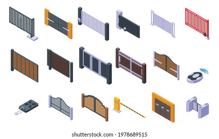 Automatic gate icons set. Isometric set of automatic gate vector icons for web design isolated on white background