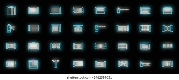 Automatic gate icons set outline vector. Electric door. Garage rolling neon color on black