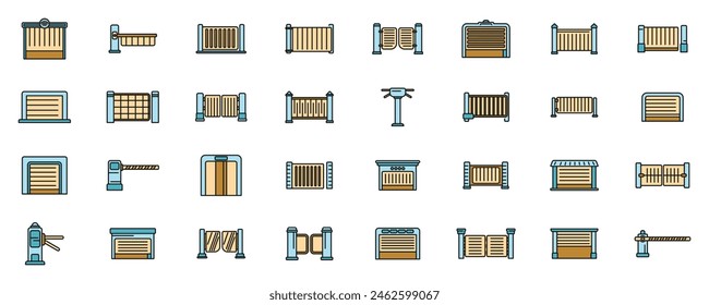 Automatic gate icons set outline vector. Electric door. Garage rolling thin line color flat on white