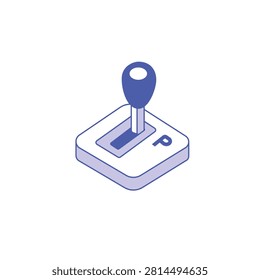 Automatic gear stick in park position isometric style. This blue isometric icon shows an automatic car gear shifter shifted to the park position. The design is clean and minimalist. Ideal for automotive apps or driver education manuals.