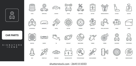 Automatic gearbox and motor engine, control oil, radiator thin black outline symbols vector illustration. Car parts of automotive shop, repair and maintenance service inspection line icon set.