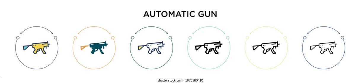 Automatic gun icon in filled, thin line, outline and stroke style. Vector illustration of two colored and black automatic gun vector icons designs can be used for mobile, ui, web