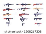 Automatic guns. Battle game weapons. Pistol, shotgun and launcher, rifles. Cartoon vector gun collection of hotgun and handgun, military pistol and weapon illustration
