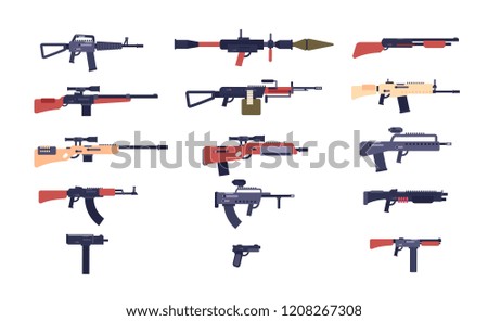 Automatic guns. Battle game weapons. Pistol, shotgun and launcher, rifles. Cartoon vector gun collection of hotgun and handgun, military pistol and weapon illustration