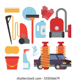 Automatic and hand carwash facilities. Cleaning equipment car washing set. Flat vector icons