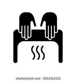 Automatic hand dryer black glyph icon. User never touches device and it saves energy since it stops running when person removes hands. Silhouette symbol on white space. Vector isolated illustration