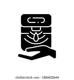 Automatic hand sanitizer dispenser black glyph icon. Liquid soap in bathroom. Antibacterial product in public toilet. Silhouette symbol on white space. Vector isolated illustration
