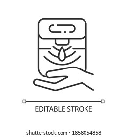 Automatic hand sanitizer dispenser linear icon. Liquid soap in bathroom. Disinfectant wash. Thin line customizable illustration. Contour symbol. Vector isolated outline drawing. Editable stroke
