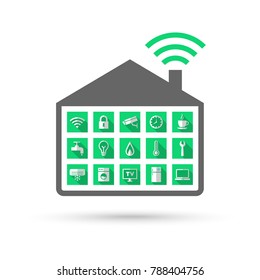 Automatic home concept with wireless control system. House with security,  lightning, heating, ventilation and home applience icons inside.