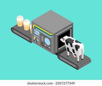 Automatic ice cream production. Cow and icecream Production complex of technological equipment. Engineering vehicle isometric. Food production equipment.