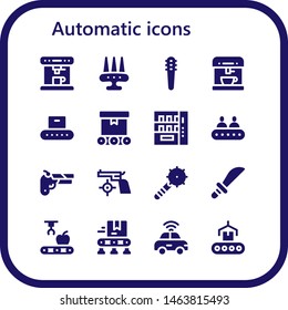 automatic icon set. 16 filled automatic icons.  Simple modern icons about  - Coffee machine, Weapon, Weapons, Conveyor, Vending machine, Gun, Mechanical arm, Autonomous car