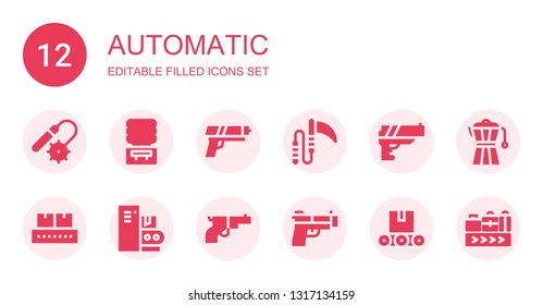 automatic icon set. Collection of 12 filled automatic icons included Weapons, Water machine, Gun, Weapon, Conveyor, Coffee maker, Conveyor belt