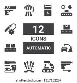 automatic icon set. Collection of 12 filled automatic icons included Gun, Robot arm, Weapons, Conveyor, Coffee maker