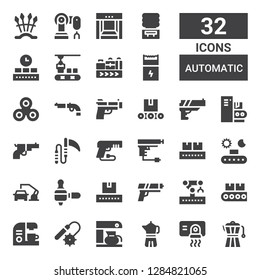 automatic icon set. Collection of 32 filled automatic icons included Coffee maker, Hand dryer, Weapons, Conveyor, Robotic arm, Gun, Robot arm, Weapon, Conveyor belt, Water machine
