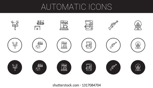 automatic icons set. Collection of automatic with wiper, conveyor, coffee maker, rifle, candy machine. Editable and scalable automatic icons.