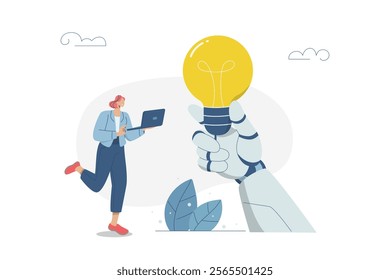 Automatic idea generation with artificial intelligence, Creating successful ideas or creativity, Technological innovation and invention, Women and AI work together to develop innovations. Vector.
