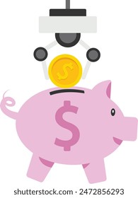 Automatic investment or savings, financial robo advisor or FinTech, technology using artificial intelligence for financial concept, smart robot arm putting golden coin money into savings piggy bank.

