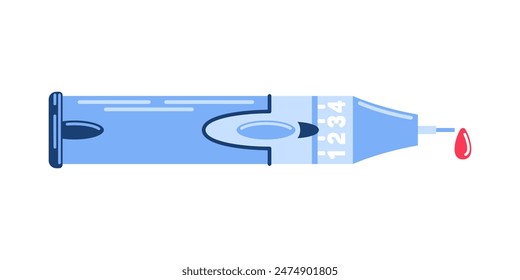Lanceta automática para glucómetro. gota de sangre para análisis. Ilustración vectorial estilo plano. Diabetes. Equipo médico. Los niveles de glucosa son normales. Monitoreo de salud, aparatos de bienestar, dispositivos inteligentes