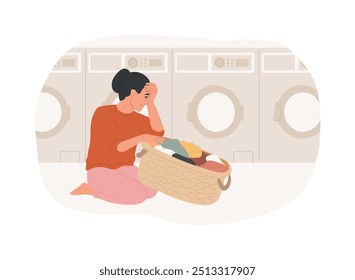 Automatic laundry isolated cartoon vector illustrations. Tired woman with a clothing basket near automatic laundry, housewife lifestyle, moms home routine, daily chores vector cartoon.