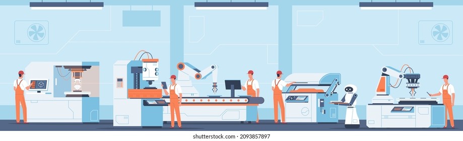 Automatic lines employees. Manufacturing process in factory interior. Worker characters. Men in uniform work on industrial machines. Plant equipment. Industry production. Vector concept - Shutterstock ID 2093857897