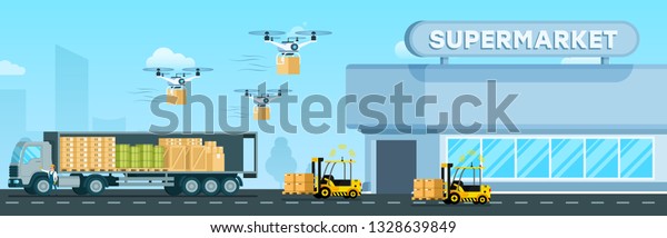 Automatic\
Loader, Flying Drone, Delivery Truck. Supermarket Distribution. Air\
Device, Forklift Car and Big Van Delivering Goods, Tank and Box to\
City Mall. Flat Cartoon Vector\
Illustration