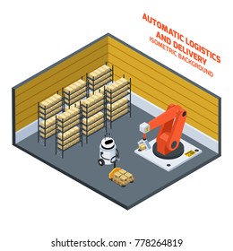 Automatic logistics and delivery isometric composition with warehouse symbols vector illustration